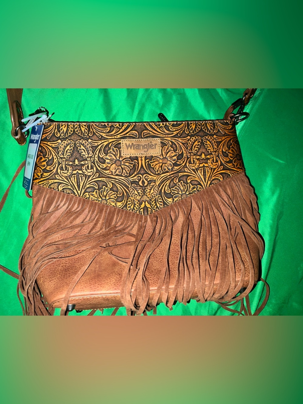 NWT Wrangler Brown Fringe Crossbody with Embossed Floral Panel Western Feel - Picture 3 of 10